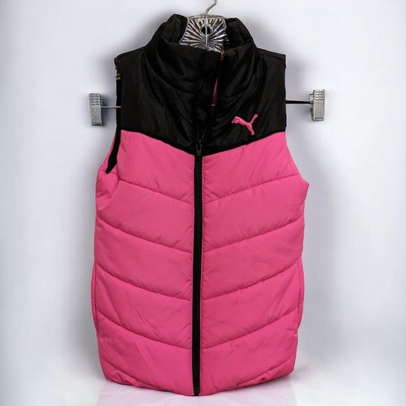 Zip Up PUMA Puffer Vest Pink & Black Girl's Size Small 7/8 - Picture 1 of 4